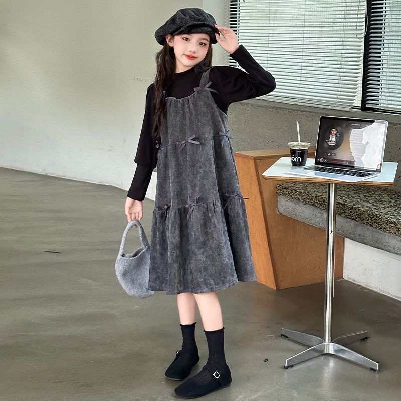 D339 Girls dress spring and autumn 2025 new children&#039;s long-sleeved medium and large children&#039;s girl velvet suspender skirt bottoming s-image-1074869011