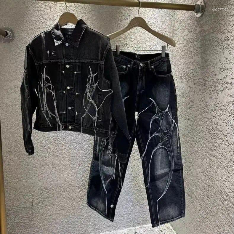 Men's Tracksuits Korean Punk Denim Suit Tassel Wash Black Short Wide Jacket Embroidery Trendy High-end Straight Jeans Single Piece/set