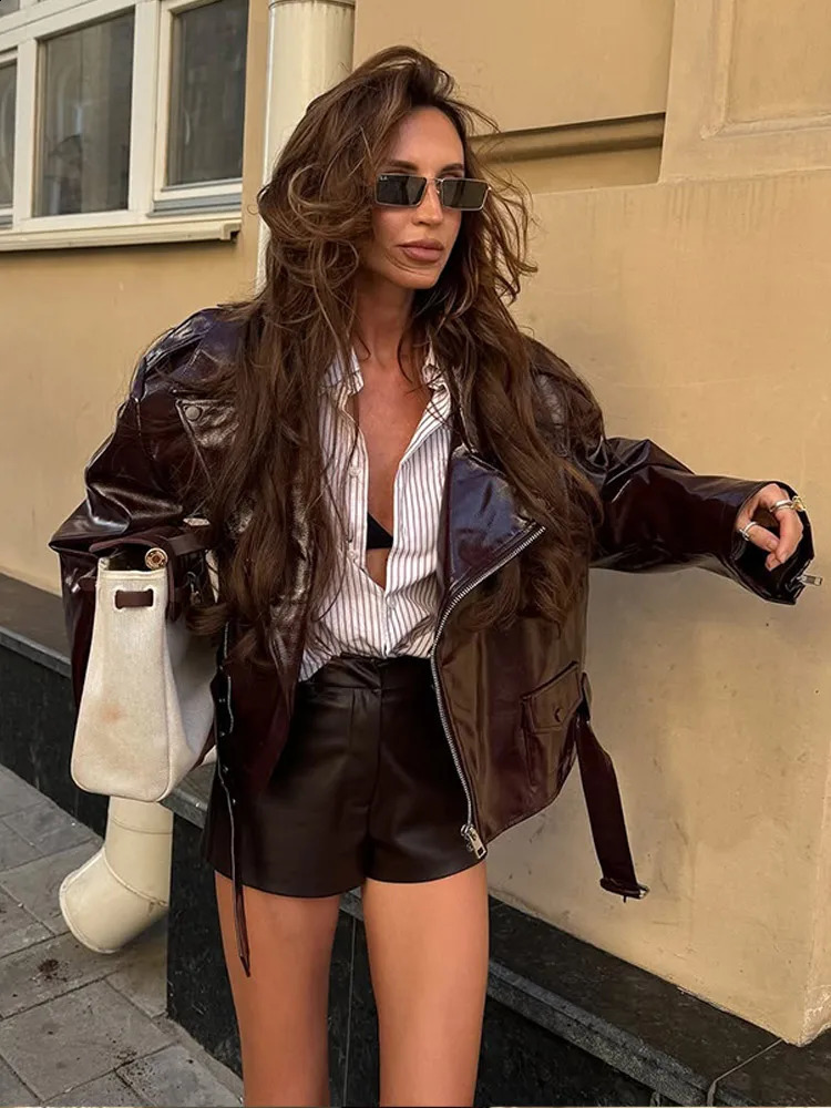 Solid Lapel Cropped Leather Coat Women Fashion Long Sleeve Zipper Lace Up Loose Coats Autumn Lady High Street Outwear 250910BJ