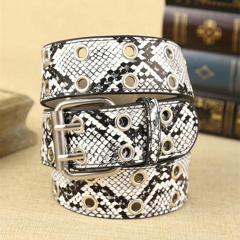 1 Lady Python Black White PU Belt Bohemian Style Belt Metal Double Breasted Shopping Essentials Fashion Clothing for Daily Use thick