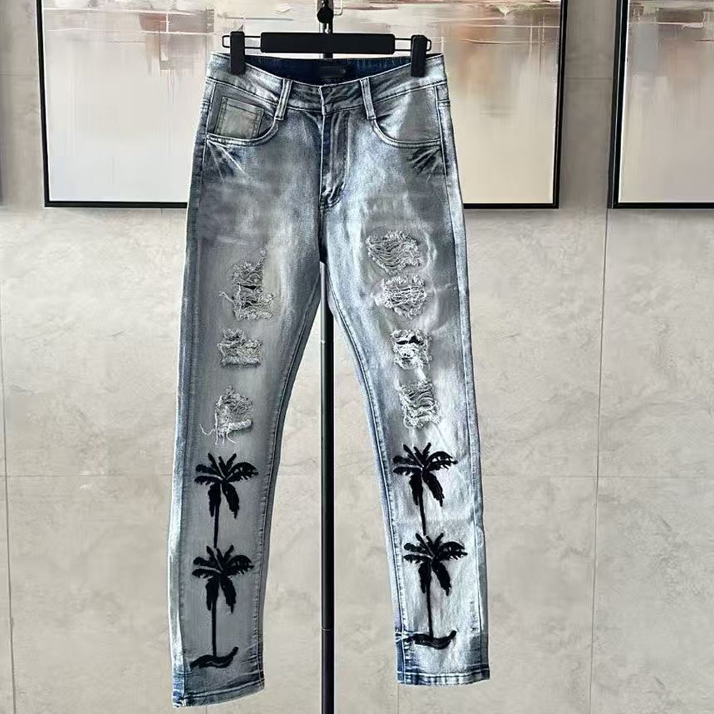 designer jeans men pants denim trousers slim fit elastic embroidery fashion skinny jean black blue distressed ripped hole luxury spring summer st-image-890408238