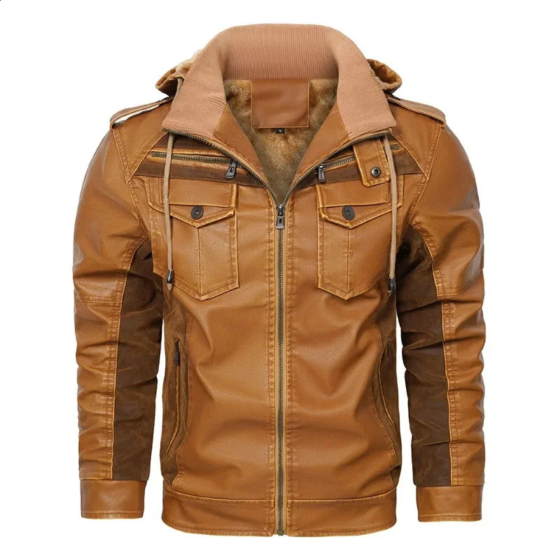 Mens Hooded PU Leather Jacket Winter Fleece Warm Casual Leather Jacket with Detachable Cap 250910BJ