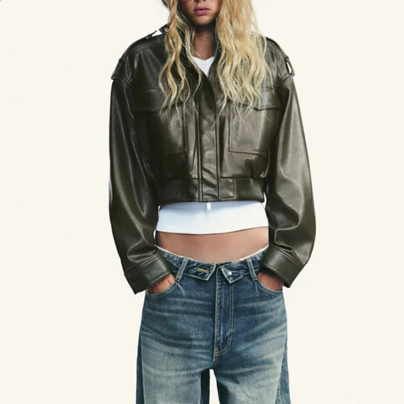 Womens Stand Collar leather jacket Fashion with Big Pockets Short Pu Leather Zipper Coat Autumn Female Outerwears 250910BJ