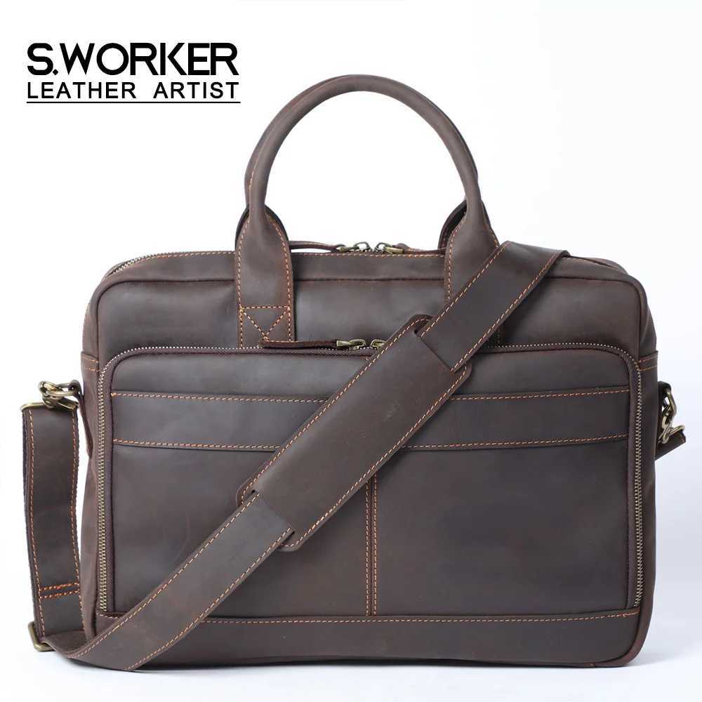 Vintage authentine cuir Men Men Incline 15 Sac d'ordinateur portable Business Business Mens Crazy Horse Leather Sac à main sac à main W250912