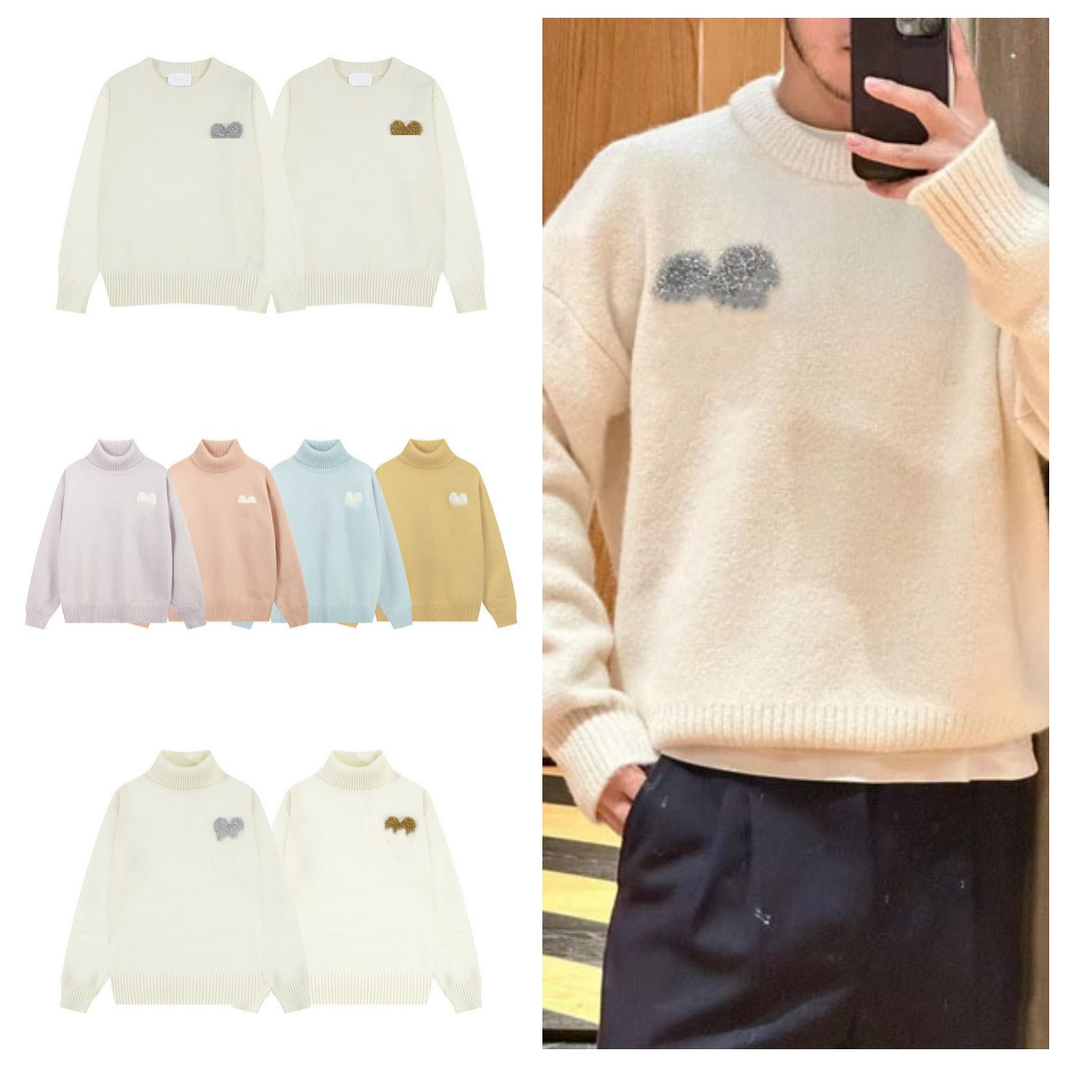 Designer Men Pull Heart Print Top Outdoor Casual Round Warm Fashion Men's Women's High-neck Sweater Golden Silver Colors Christmas Series