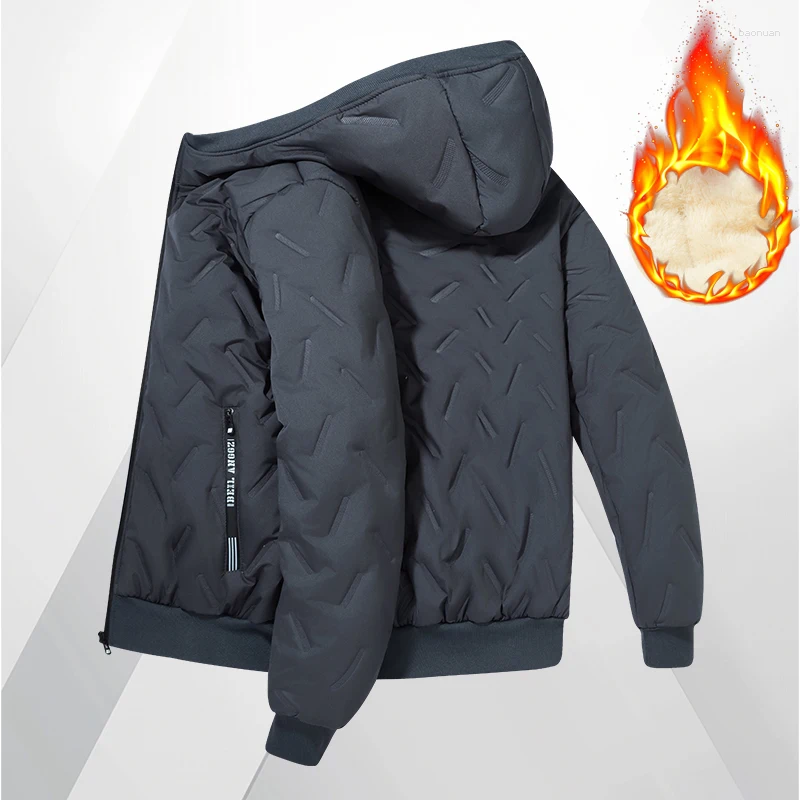 Men's Down Warm Fleece Lined Hooded Jacket Winter Zipper Pocket Jackets Outdoor Sports Coat Leisure Workwear Clothes Windproof b2