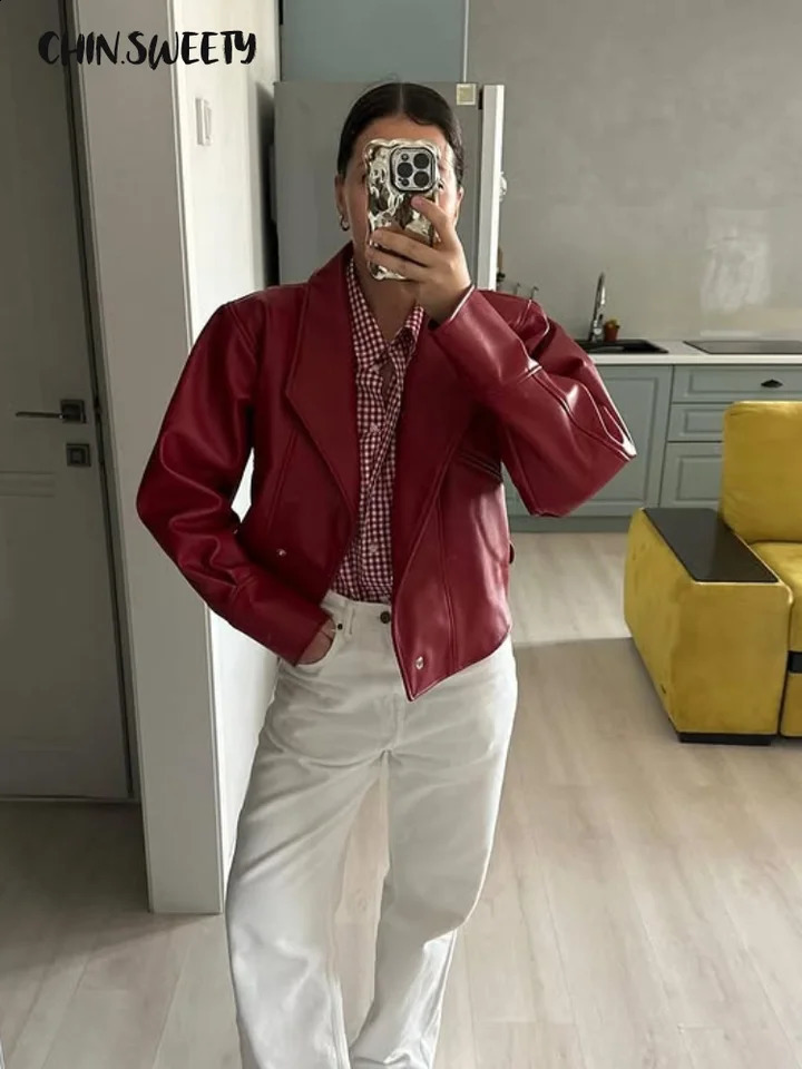 Fashion PU Leather Jackets Women Lace Up Full Sleeve Turndown Collar Short Loose Coats Female Autumn Lady Outwears 250910BJ