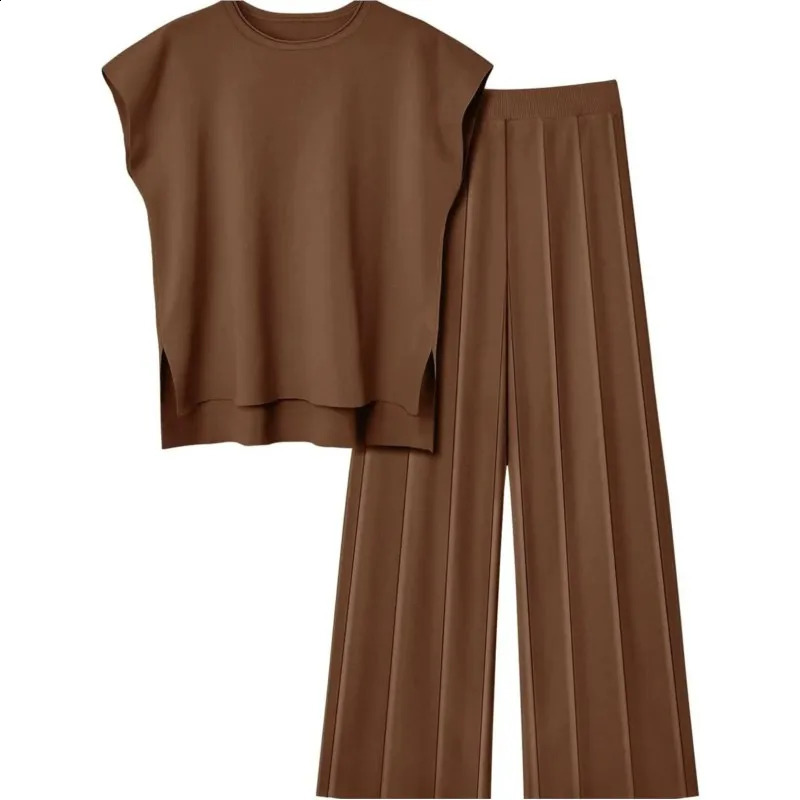 2 Piece Sets Women Outfit Sleeveless Casual T Shrit Top Knitted Vest Wide-leg Pants Ice Summer Solid Color Casual Outfit 250815