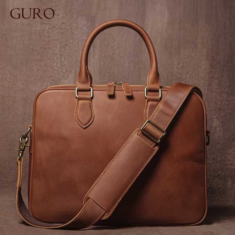 GURO Men Crazy Horse Cowhide Briefcase Luxury Genuine Leather Handbag Simple lightweight Shoulder Bag File Laptop Crossbody Bags W250912