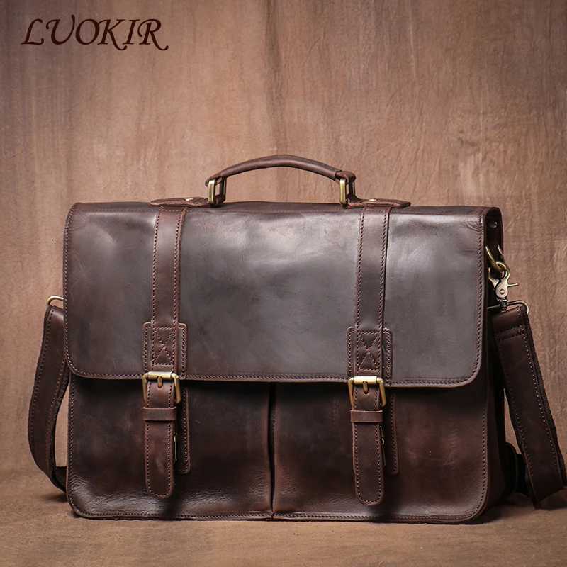 LUOKIR Vintage Crazy Horse Briefcase Travel Genuine Leather Handbag Luxury Mens Messenger Computer Shoulder Bag 14 Inch Laptop W250912-image-1074891781