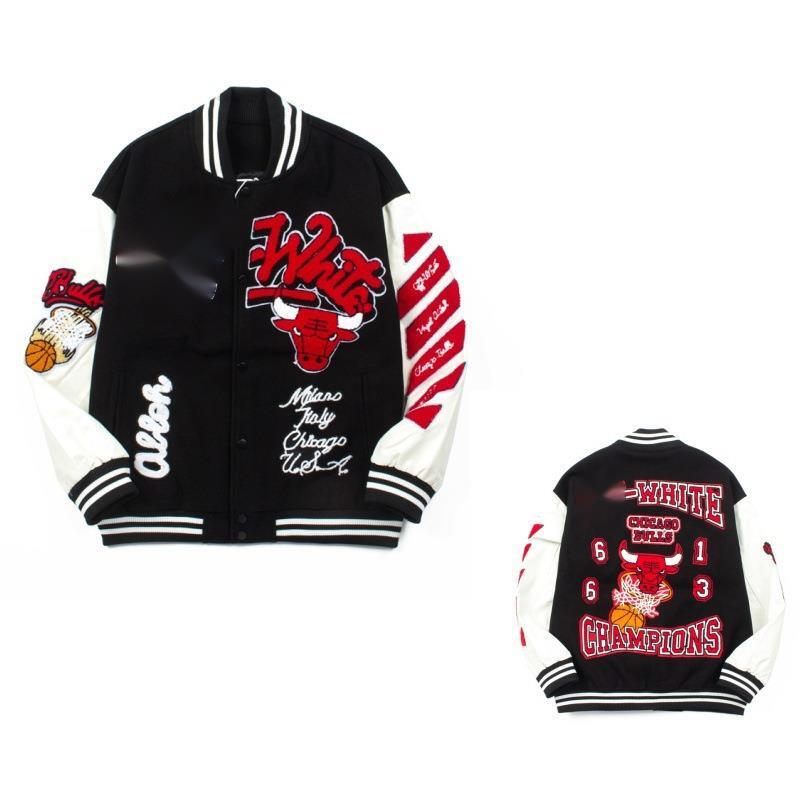 Designer off white Jacket Mens Leather Baseball American Off White hoodie men Jackets Style Trendy Pilot Embroidered Heavy Industry Spliced Coat Vin