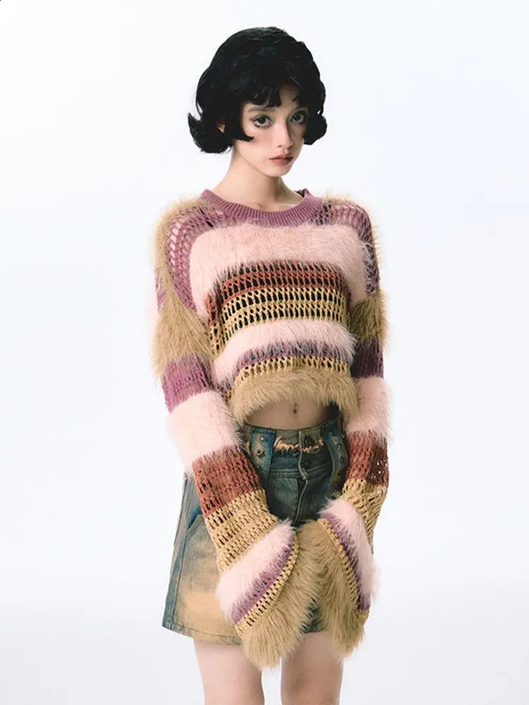 Printemps et automne à fourrure épissage creux pull en tricot femme tops doux mignon court haut pliant décontracté de vaches