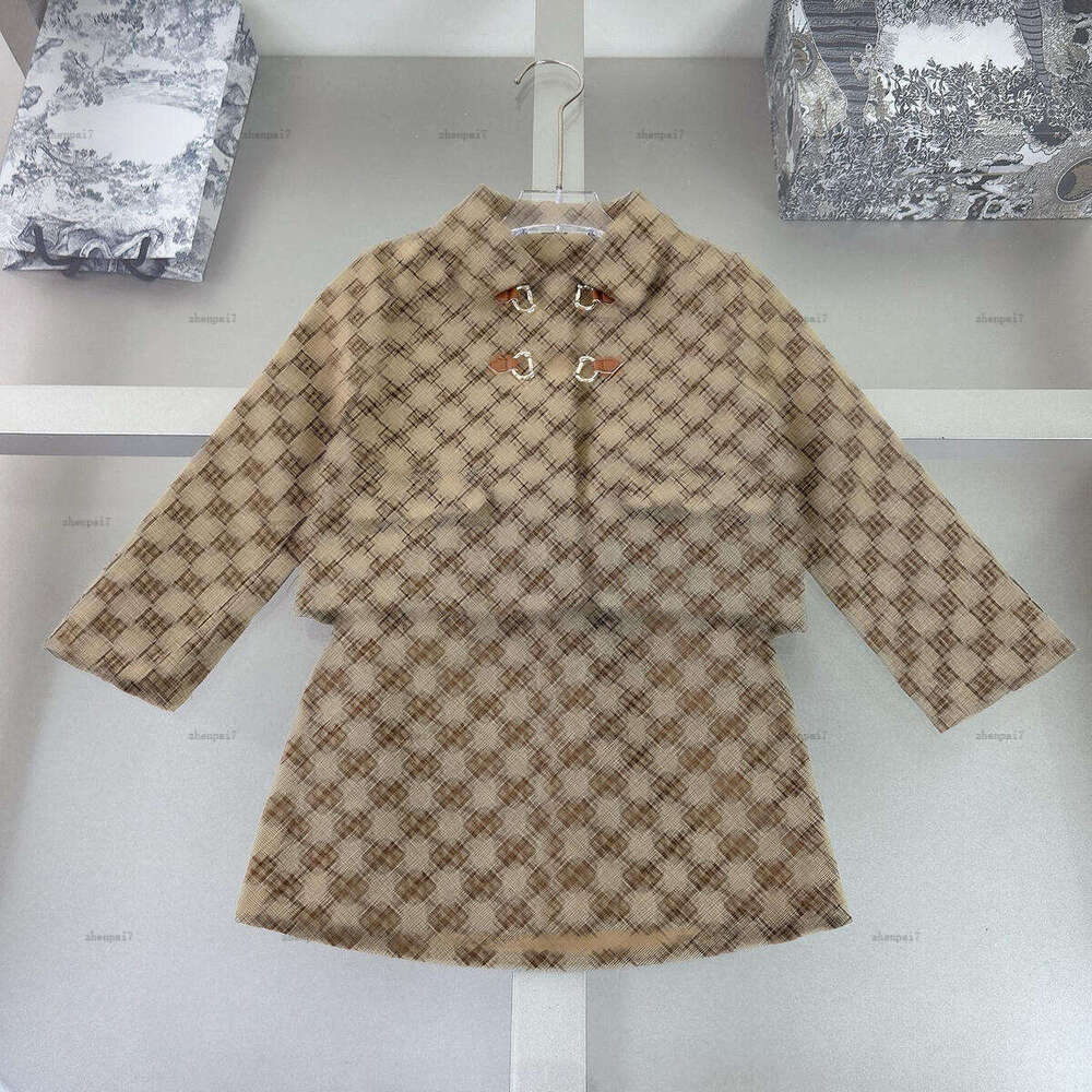 Top girls dress set Autumn child overskirt kids designer clothes Collared long-sleeved jacket and Knitted skirt A088X03N033-image-1074914155