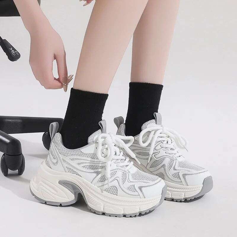 2025 Spring Fashionable Thick Bottom Dad Casual Sports Mesh Upper All-Match Lace Sneakers Shiny Sequin Women's Shoes