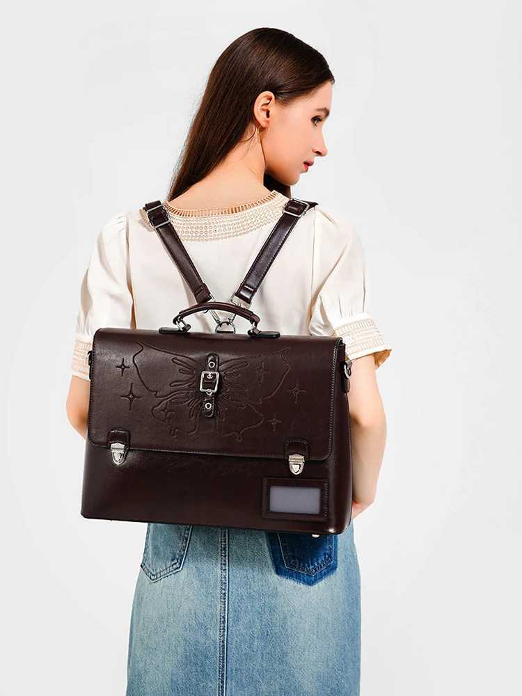 Womens Genuine Leather Briefcase Backpack Satchel Luxury Fashion Vintage Office Business OL High Quality Shoulder Laptop Bag W250912-image-1074891458