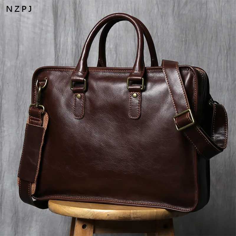 NZPJ Vintage Genuine Leather Mens Briefcase Natural Cowhide Handbag Casual Crossbody Bag Computer Suitable for 14 inch Laptops W250912-image-1074891967
