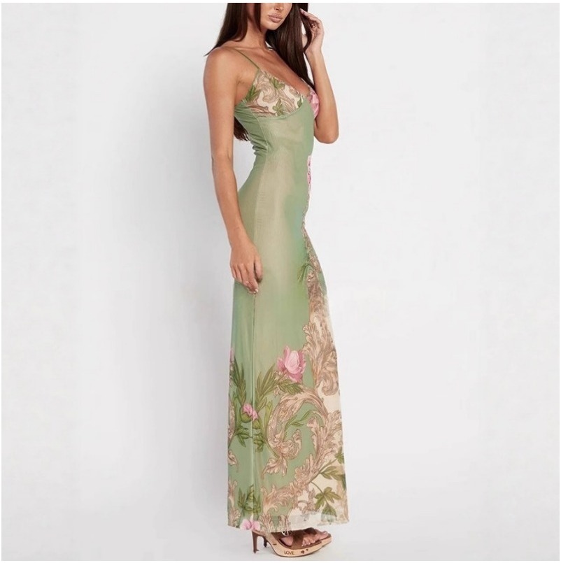 (746) Summer New Women's Suspender Style Printed Large Skirt Sexy Sleeveless Long Skirt