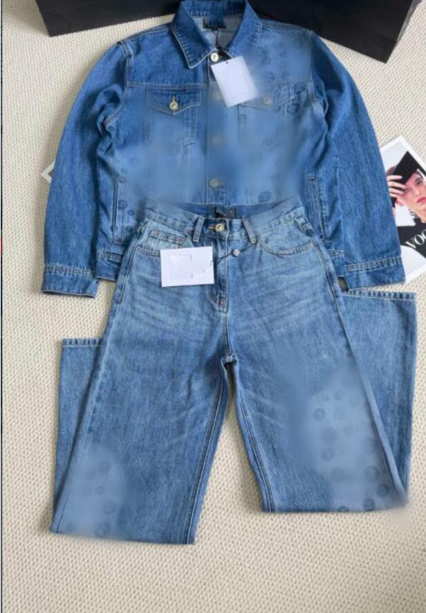 high quality designer women denim luxury two piece suit set jeans lapel collar cowboy jacket trousers coat woman outfit clothes