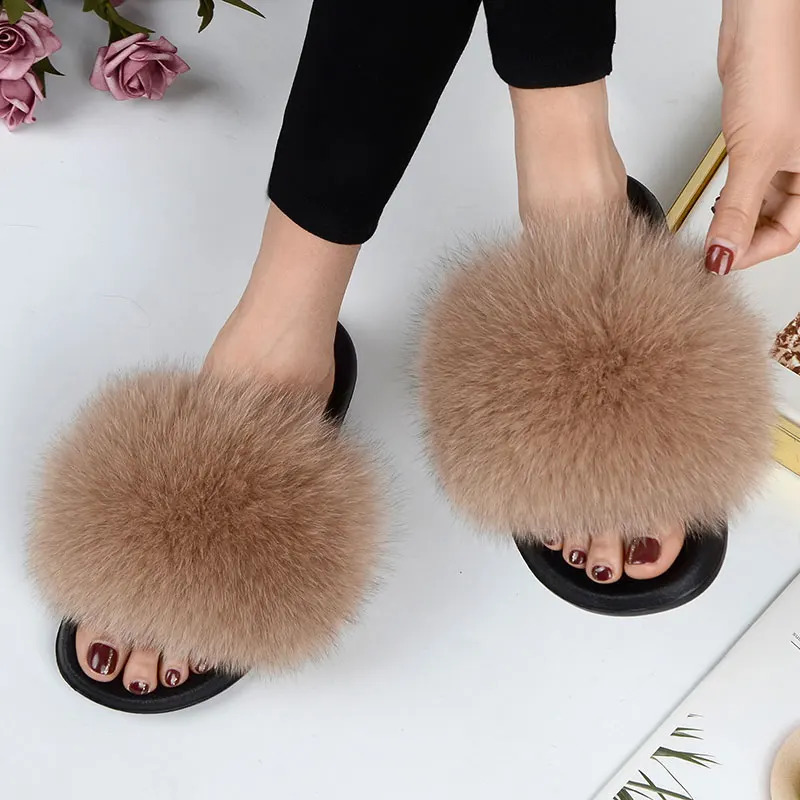 Women Summer Casual Fluffy Slippers With Fur Flat Non-Slip Fox Fur Furry Slides Large Size Shoes Fur Sandals 261017