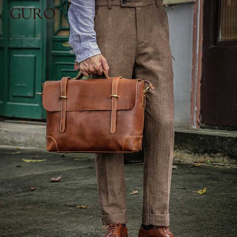 GURO Luxury Brand Real Leather Handbag Men Executive Briefcase Retro Large Messenger Bag Crazy Horse Cowhide Laptop Shoulder Bag W250912