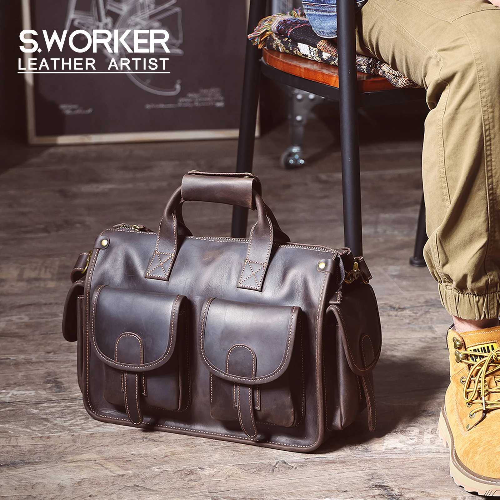 SWORKER Vintage Genuine Leather Mens Briefcase 14 Laptop Bags Crazy Horse Leather Messenger Handbag Cowhide Idea Gift For Men W250912-image-1074892059