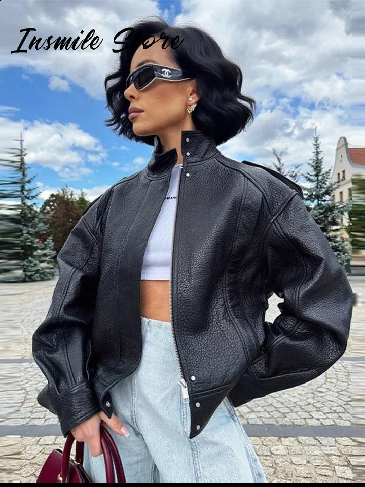 Street Black Leather Jacket Women Stand Collar Zipper Long Sleeve Short Coats Autumn Lady Loose Chic Commute Outwear 250910BJ
