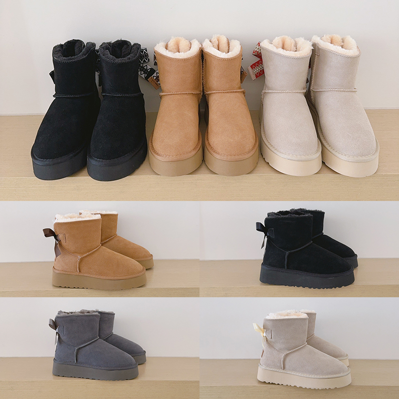 Women Bailey Bowties Platform Boots Designer Classic Ultra Mini Snow Boot Fashion Casual Shoes Short Plush Genuine Leather Winter Ankle Booties Bota