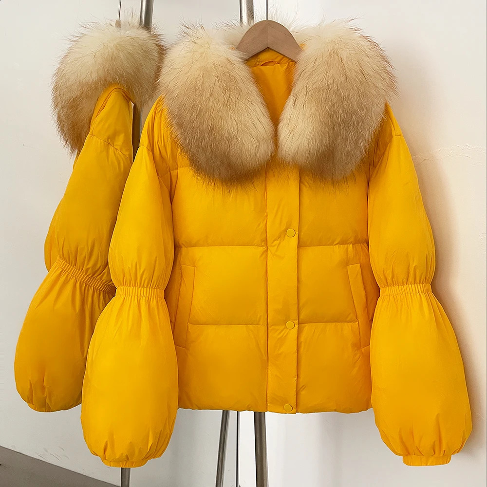 OFTBUY Winter Loose Top Clothes Women Real Fox Fur Fluffy Puffer Jacket Female Lantern Sleeves Natural Fur Collar Down Coat 250910BJ