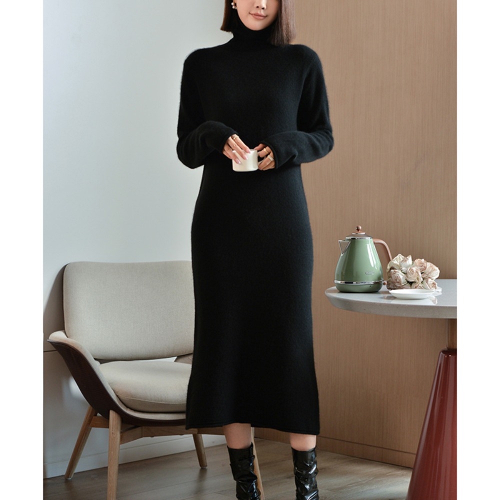 (772) New Autumn and Winter Pure Wool Pile Collar Knitted Dress Solid Color Warm Long Skirt