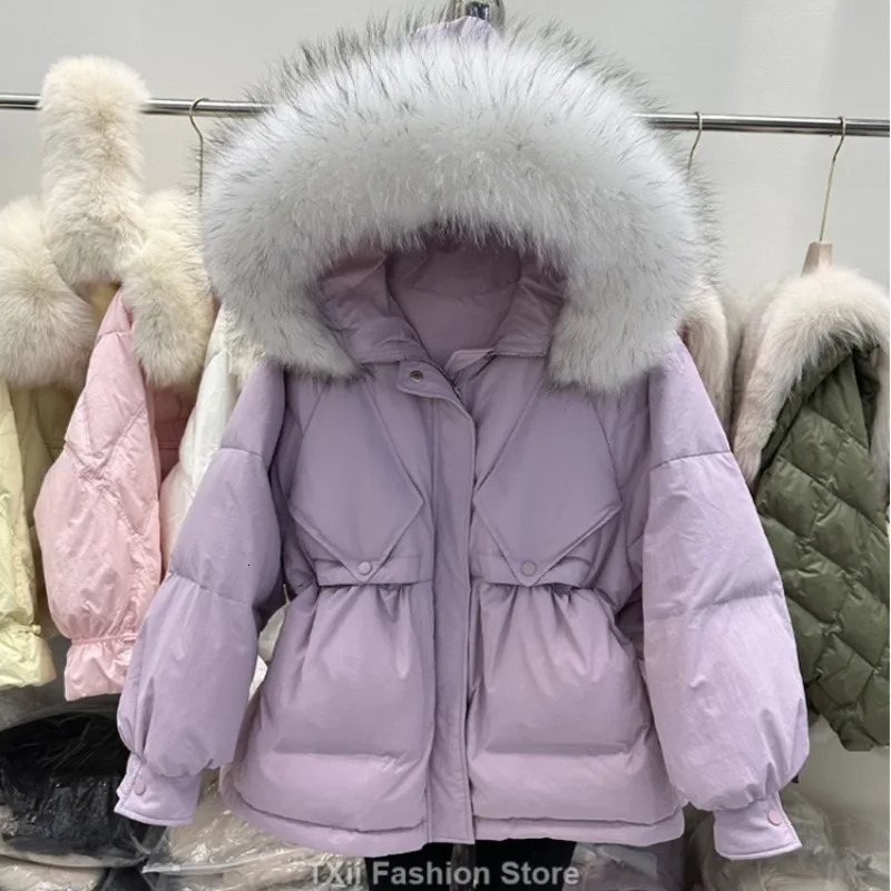Winter Large Natural Fur Hooded Tooling Parka Women 90 White Duck Down Thick Jacket High Waist Loose Windbreak Warm Coat 250910BJ
