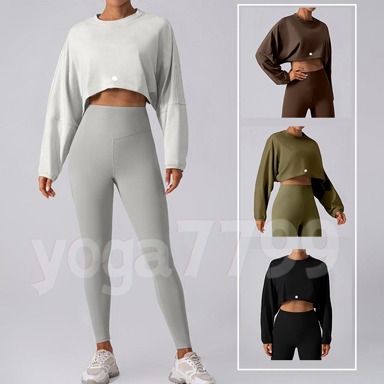 Women's Hoodies Crop Round Neck Short Sports Fitness Yoga Wear T-Shirt Drop Shoulder Loose Long Sleeve Top Solid Color Designer Hoodie Woman-image-1063593859