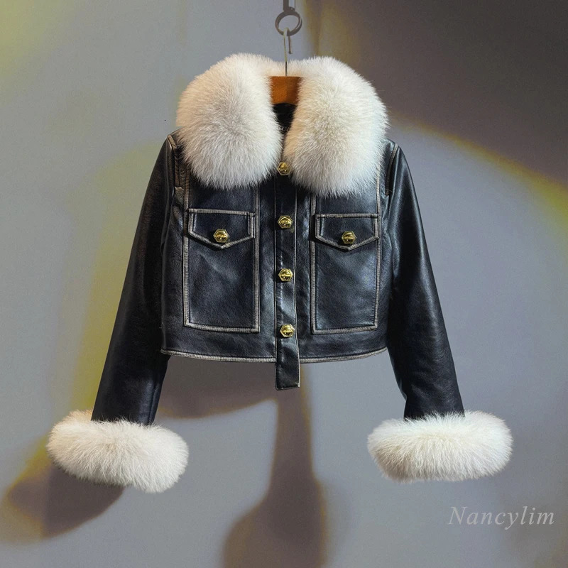 Temperament Black Leather Jacket Women Winter Real Fox Fur Short High Waist PU Leather Coat SlimFitting Coats 250910BJ