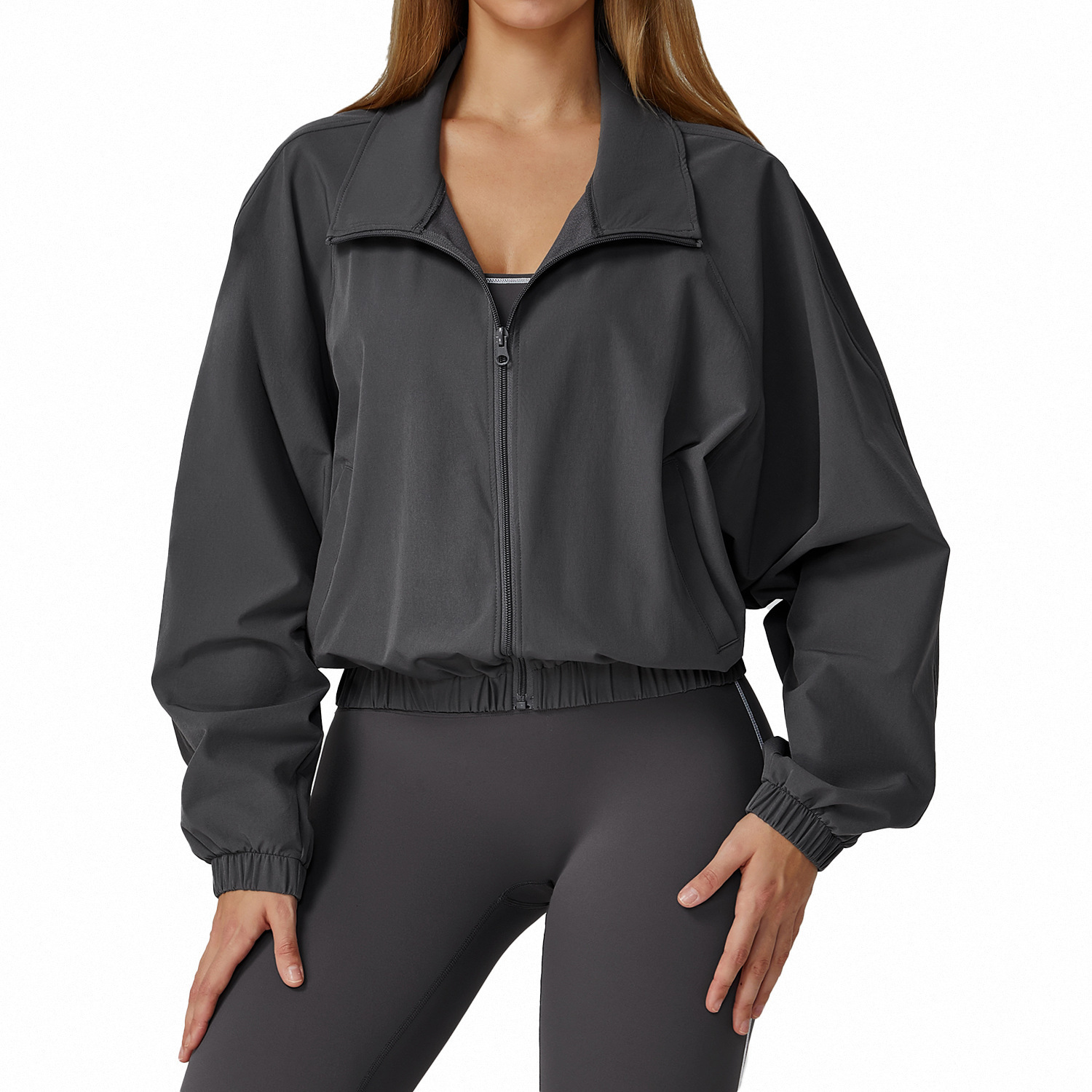 A56 Veste de yoga courte col montant Yogo vêtements à manches longues entraînement course sweat-shirt femmes Fitness manteau QuickDry sport coupe