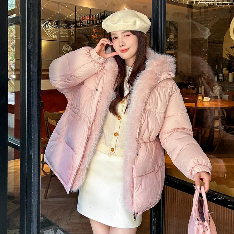 Down Jacket for Women Winter Clothes Korean Fashion Detachable Large Fur Collar Waist Thickened Quilted Coat Women Clothing 250910BJ