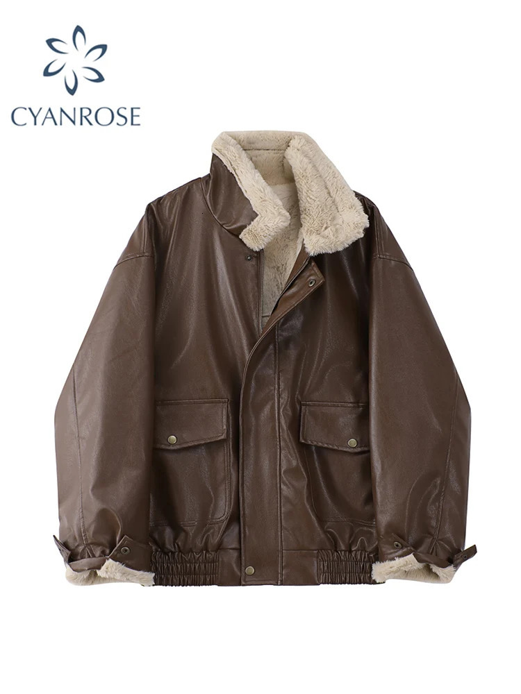 Winter Womens Fur Leather Jacket Long Sleeved Loose Warm Lamb Wool Vintage Thickened Locomotive Lapel Female PU Motorcycle Coat 250910BJ