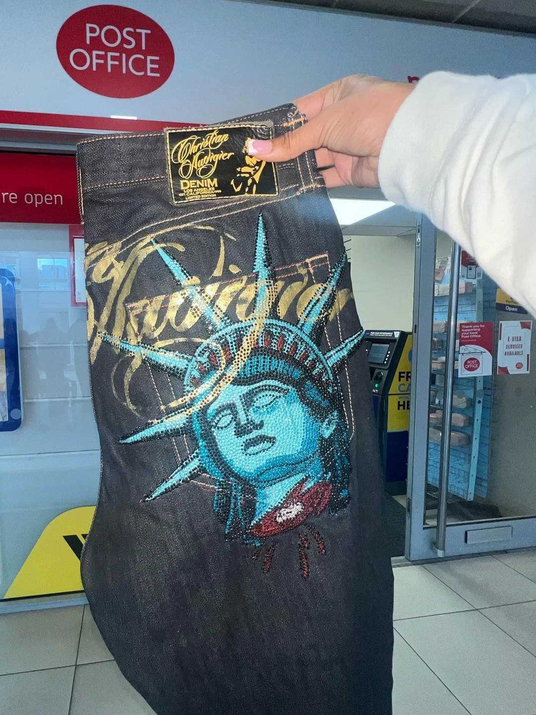Retro Statue Liberty Sequin Rhinestone Jeans Men Straight Jean Denim Baggy Wide Leg Pants Harajuku Y2k New York 90s Men Clothing L250915