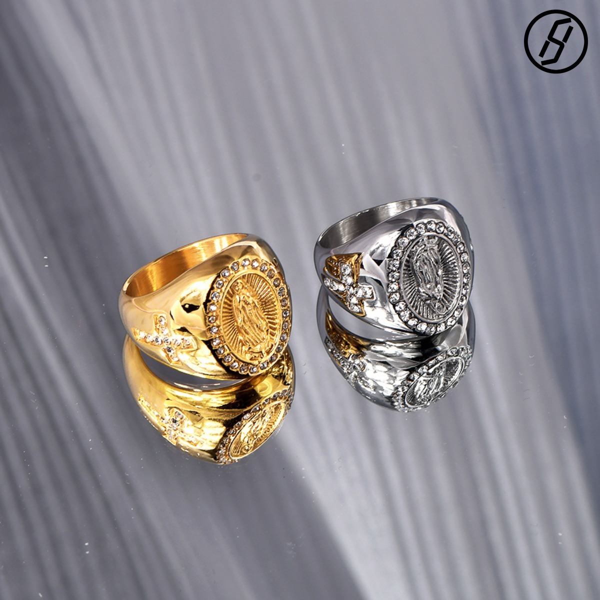 New Hip hop Titanium Steel Gold Plated Diamond Virgin Mary Men and Women Ring Genital Worship Female Designer Original Jewelry Wholesale