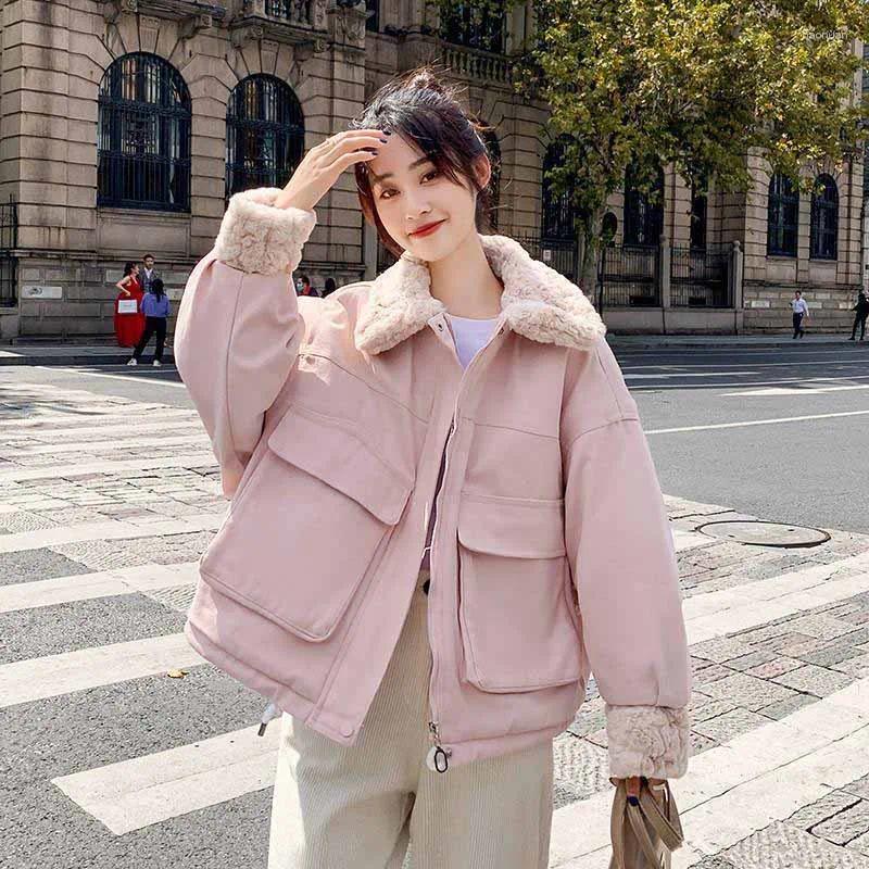 Women's Jackets Lucyever Winter Parkas For Women All Match Loose Big Pocket Thicken Warm Cotton Outwear Woman Korean Wool Turndown Collar 70