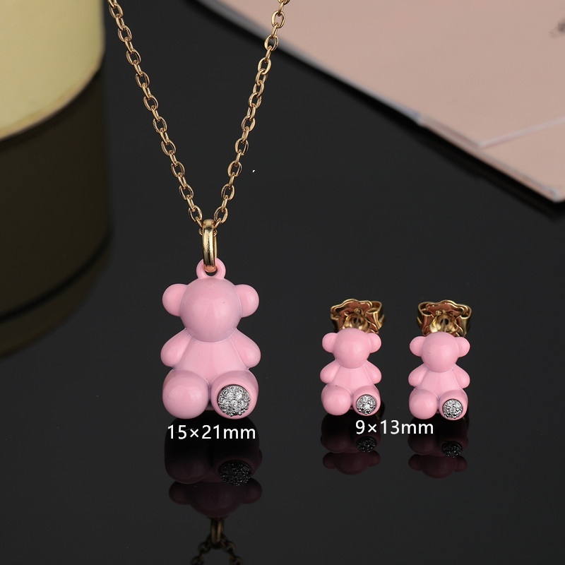 New Arrival Fashion Women Men Silver Rode Gold Stainless Steel Bear Cartoon Pink Black White Drop Oil Zircon Pendant Necklace Stud Earrings Sets-image-1075328530