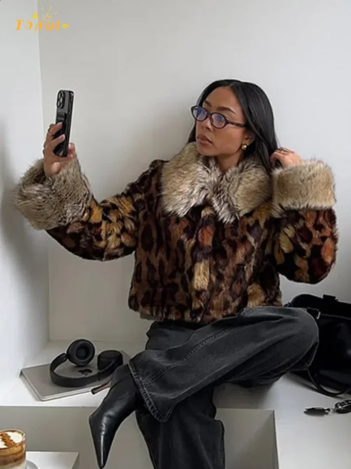 Leopard Printed Faux Fur Coat Women Fashion Lapel Long Sleeve Patchwork Jacket Winter Lady Daily Street Outerwear 250916