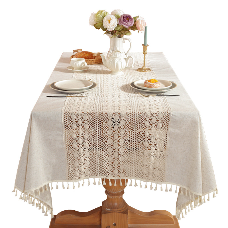 Pastoral Style Solid Color Tablecloth with Luxurious Lace Stitching - Handcrafted Coffee Table Cover VUYE01-image-1104638346