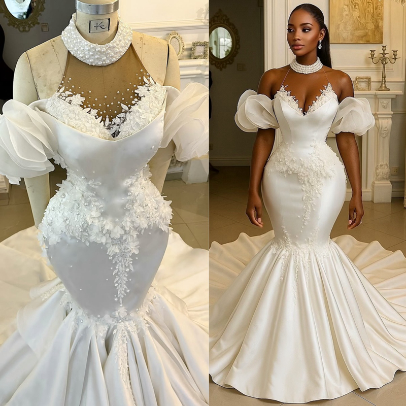 2025 ASO EBI Robe de mariée africaine Robes nuptiales pour la mariée sirène licait perles illusion pneus en dentelle percus