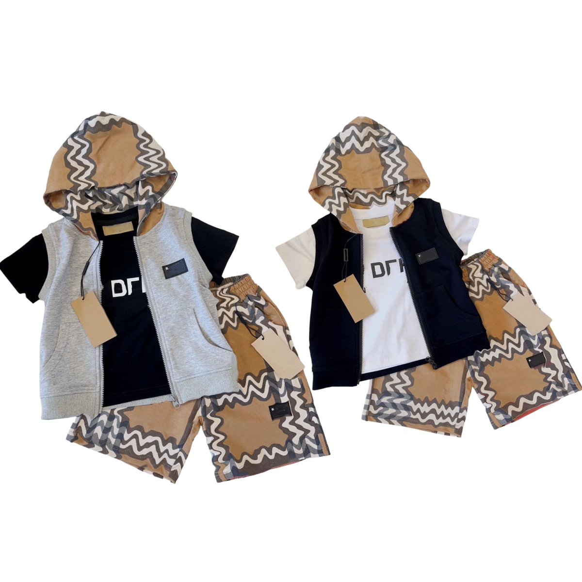 Kids designer clothes set children's shorts Korean version boys' and girls' stylish summer3-piece set hooded classic B brand grid-image-1075415199
