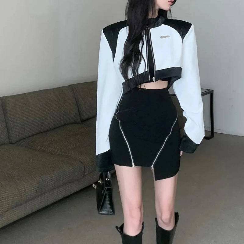 Y2K Cropped Pu Leather Jacket Women Streetwear Patchwork Motorcycle Short Coat Vintage Korean Zipper Casual Outerwear Tops 250917BJ