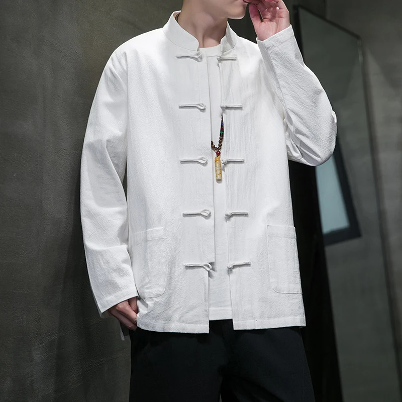 Blanc White Chinese Man Man Cotton Linen Tang Suit Top Spring Automne Long Manche Kung Fu Traditionnelle Men Traditionnels Blouses 250917