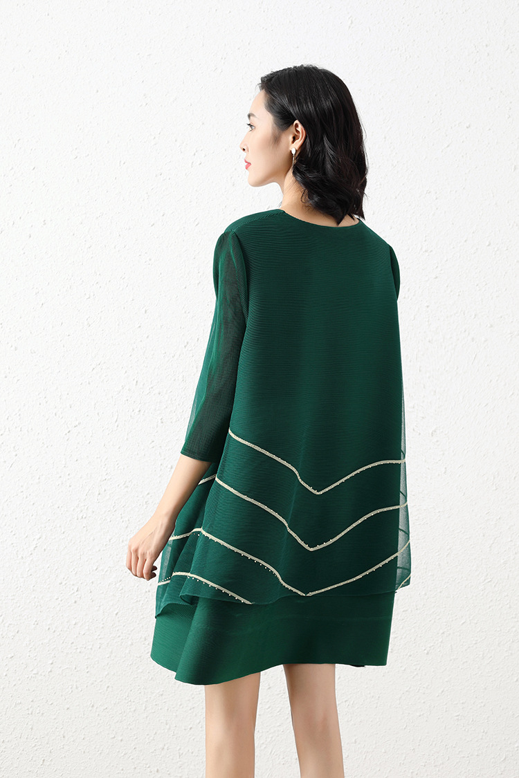 (498) Mesh diamond-studded fake two-piece spring and summer dress, round neck, loose three-quarter sleeves