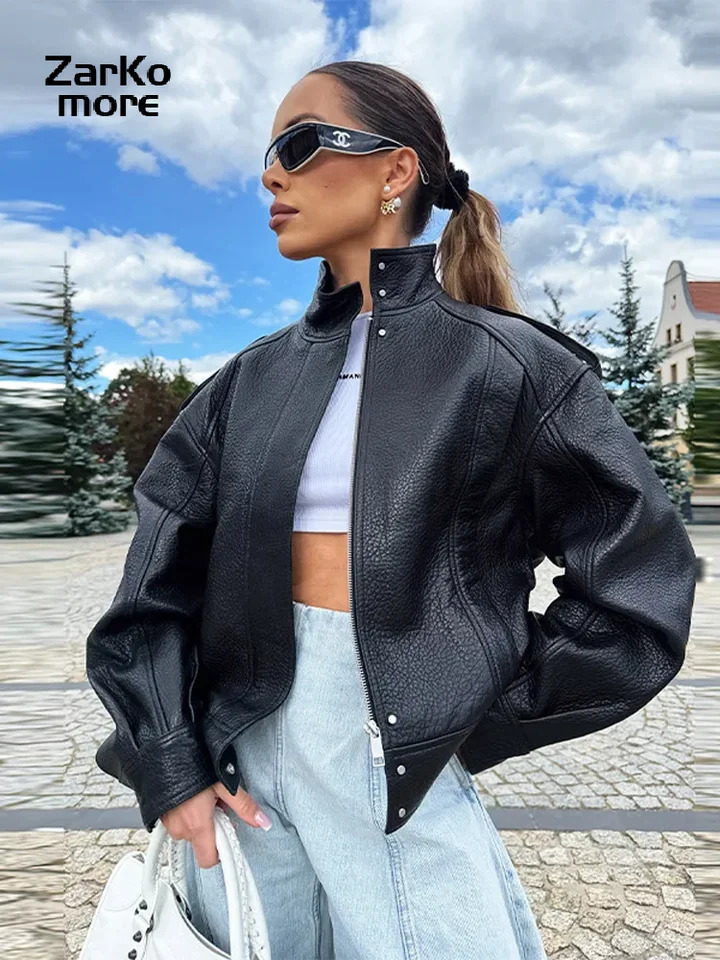 Street Metal Buckle Short Leather Jackets Women Solid Lapel Zipper Long Sleeve Warm Coats Autumn Lady Chic Thick Outwears 250917BJ