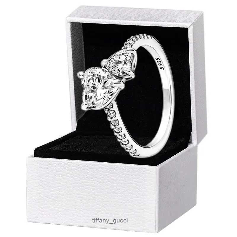 New arrival Double Heart Sparkling Ring Solid 925 Silver Women girlfriend Gift Jewelry For Lover CZ diamond P brand finger nail Rings with Original