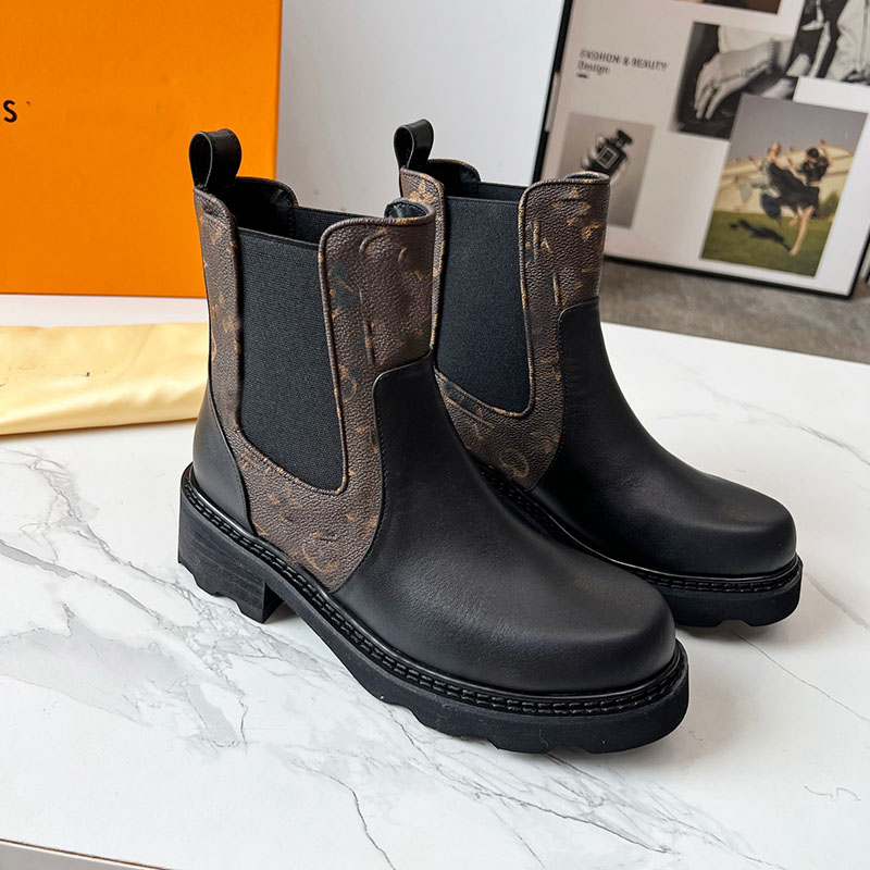 Chaussures de créateurs Bottines Chelsea Bottines plates Ranger Casual-Chic Veau uni Monogramme Toile Bottes de mode Bottes pour femmes Chaussure