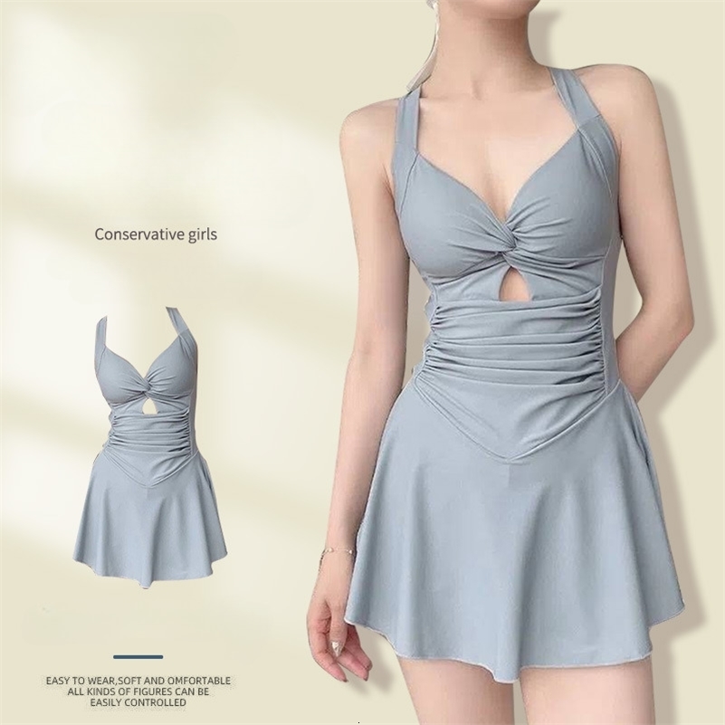 Swimming Suit for Women Solid Color Slimming Onepiece Dress Style Conservative Waist Tightening Vacation Swimsuit y250916 H260114-image-1091923604